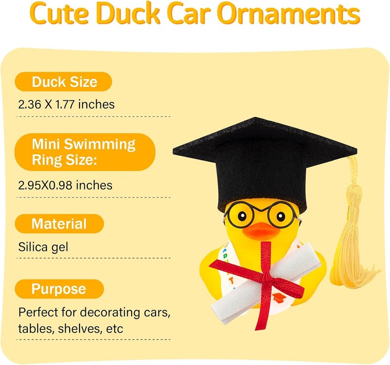 wonuu هدية تخرج بطة مطاطية لتزيين لوحة القيادة في السيارة، زينة سيارة بطة مطاطية لنظارات قصر النظر، شارة تخرج، شهادة للتخرج، أصفر - Image 4